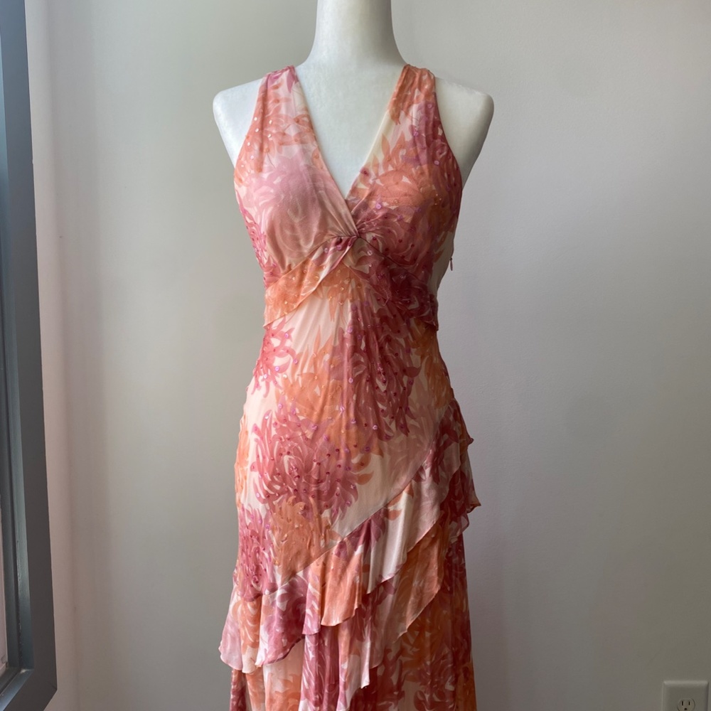 BCBG Maxazria Silk and Sequin Asymmetrical Ruffle Dress, Size 8